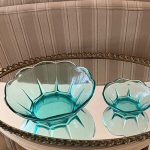 Vintage MCM Anchor Hocking Aquamarine Glass Chip ‘n Dip Bowls